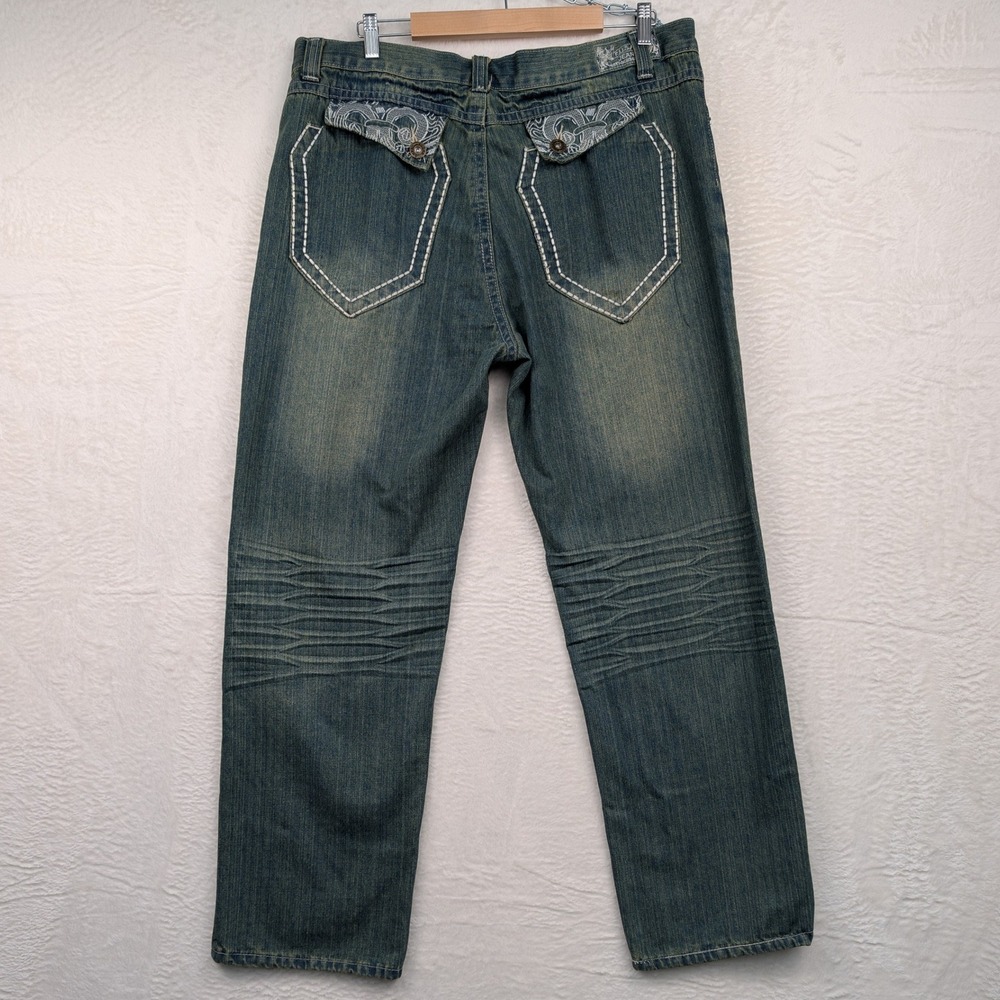 VTG Focus Jeans Men's 40x32 Blue Embroidered Straight Baggy Urban Streetwear Y2K